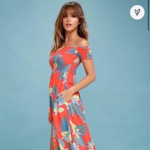 Gorgous Lulu's Coral Red Floral Print Off-the-Shoulder Dress